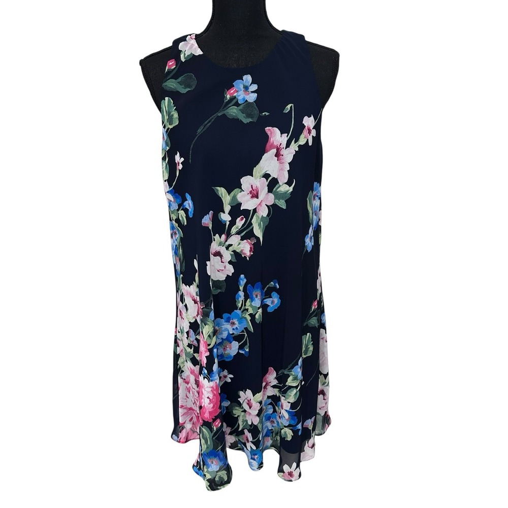 Lauren‎ Ralph Lauren Floral A Line Knee Length Dress Sleeveless Women's 12 Blue
